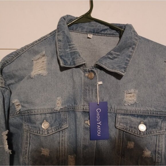 chouyatou Womens Distressed Hole Over Knee  Long Denim Jacket Trench Coat - Picture 5 of 10